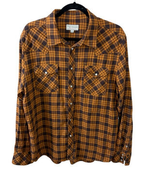 Tecovas Flannel Western Pearl Snap Shirt Rust Brown Mens L Large Pockets